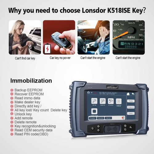Lonsdor K518ISE Key Programmer VW 4th 5th IMMO Ajustement Odomètre Mise à jour gratuite pour la vie avec AKL, Land Rover, Volvo, Nissan License